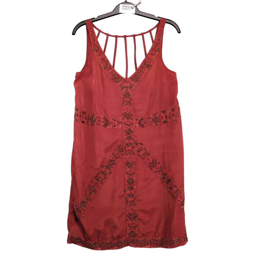 Ecote Rust Satin Brass Beaded V-Neck Mini Slip Dress Size S Strappy Back Eyelet